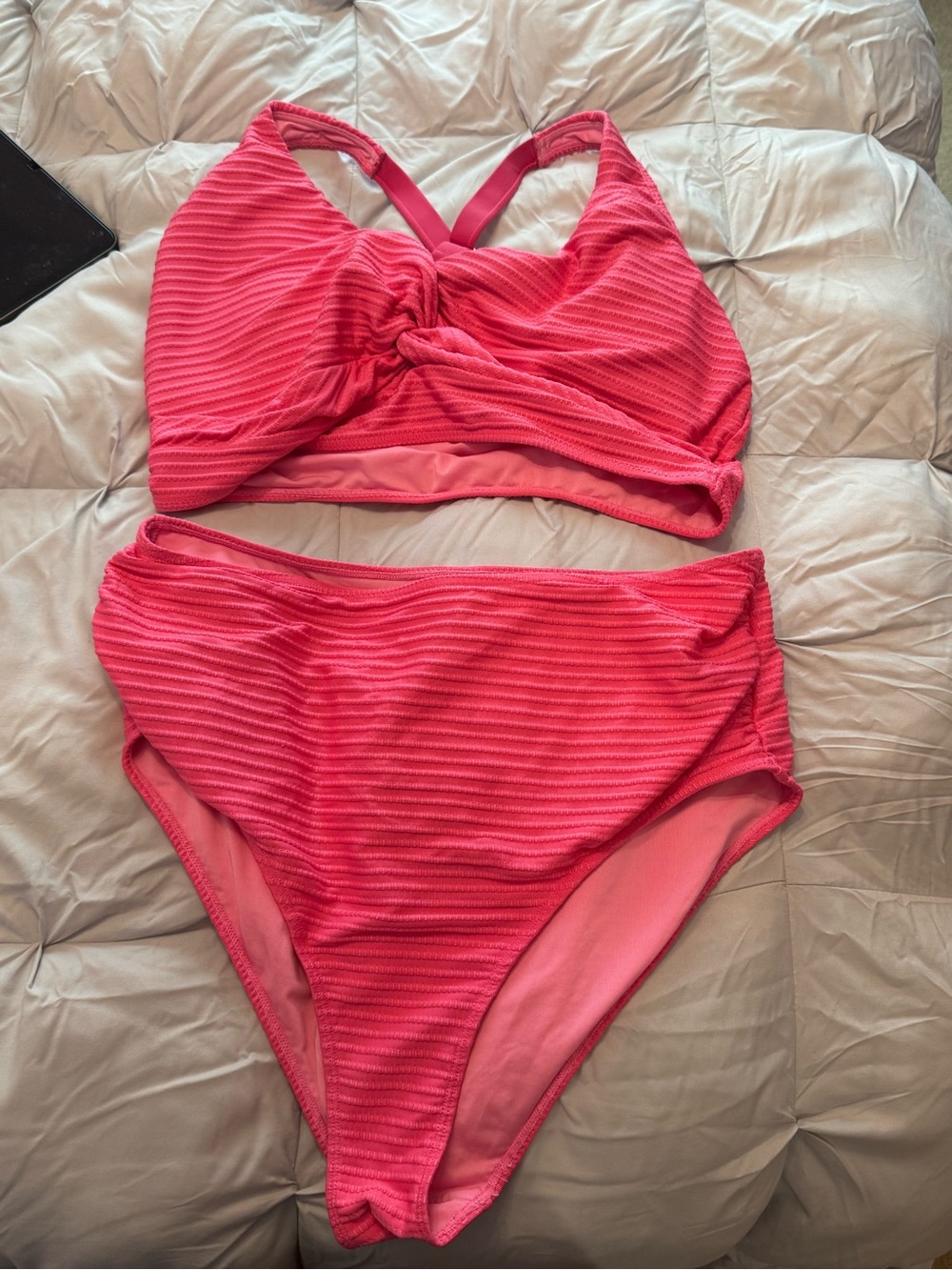 Women’s Textured Twist Front High Waisted Bikini Set – Hot Pink – 2XL